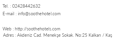 Soothe Hotel telefon numaralar, faks, e-mail, posta adresi ve iletiim bilgileri
